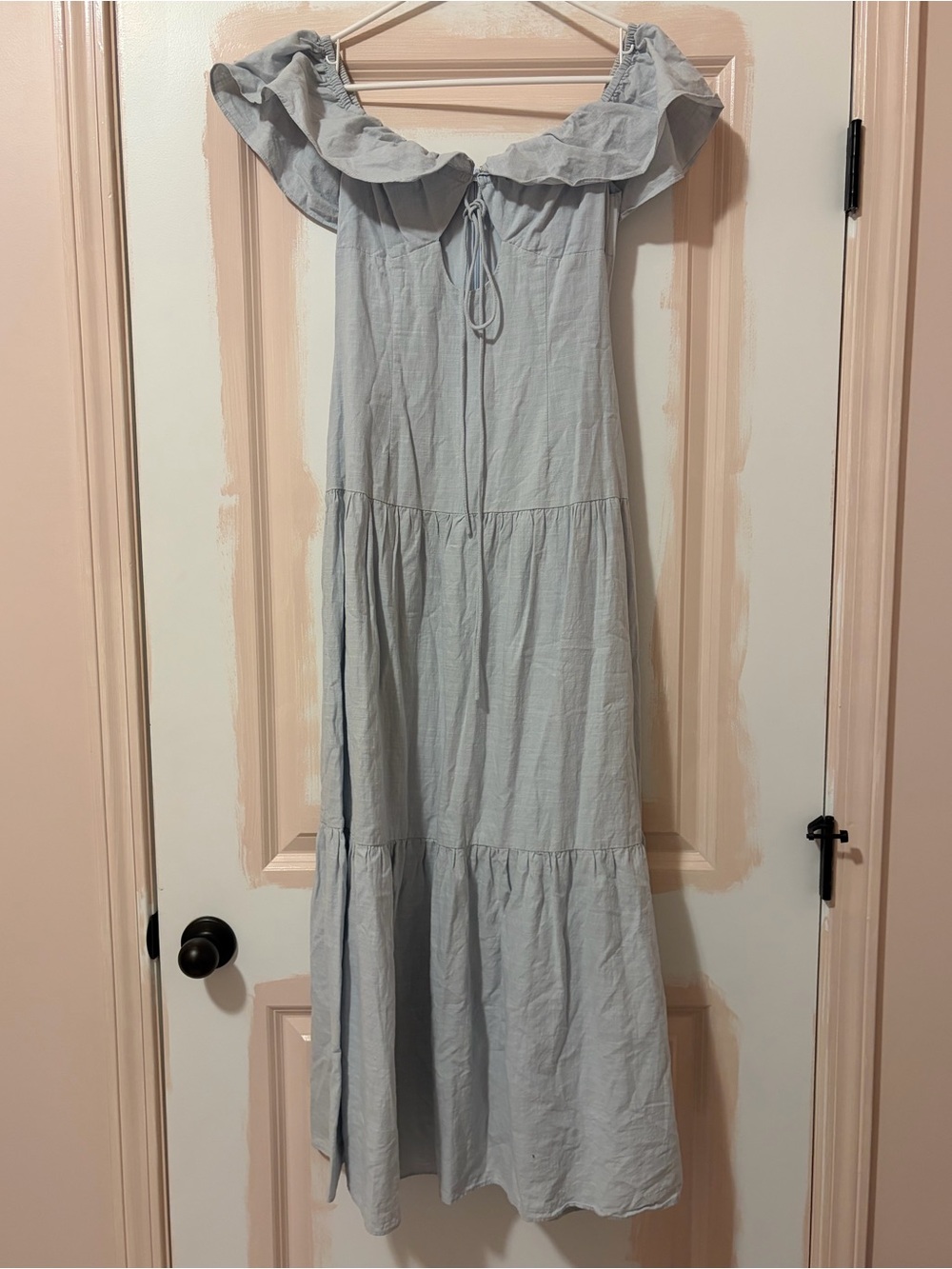 SABO SKIRT Light Blue Cotton Ruffle Off Shoulder Midi Dress Small - Picture 2 of 7